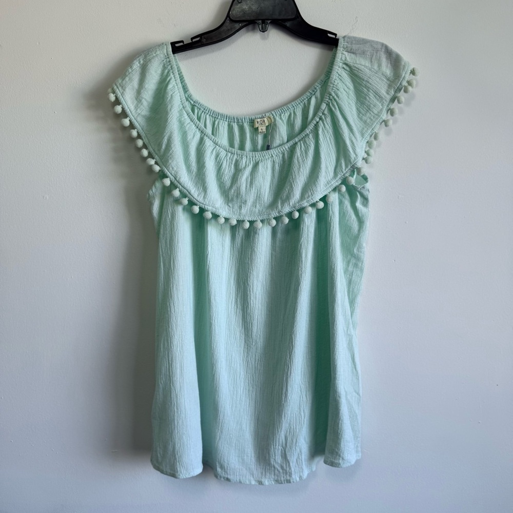 Kori Mint Boho Green Crinkle Off-Shoulder Tassel Pom Pom Blouse Top Size XL - Picture 2 of 6